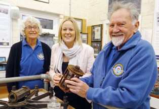 Plaid Cymru AM Nerys Evans is pictured with two recent recruits to the volunteer team which runs the Pembroke Dock Flying Boat Centre for the Sunderland Trust - Paddy Pratt and Roy Williams